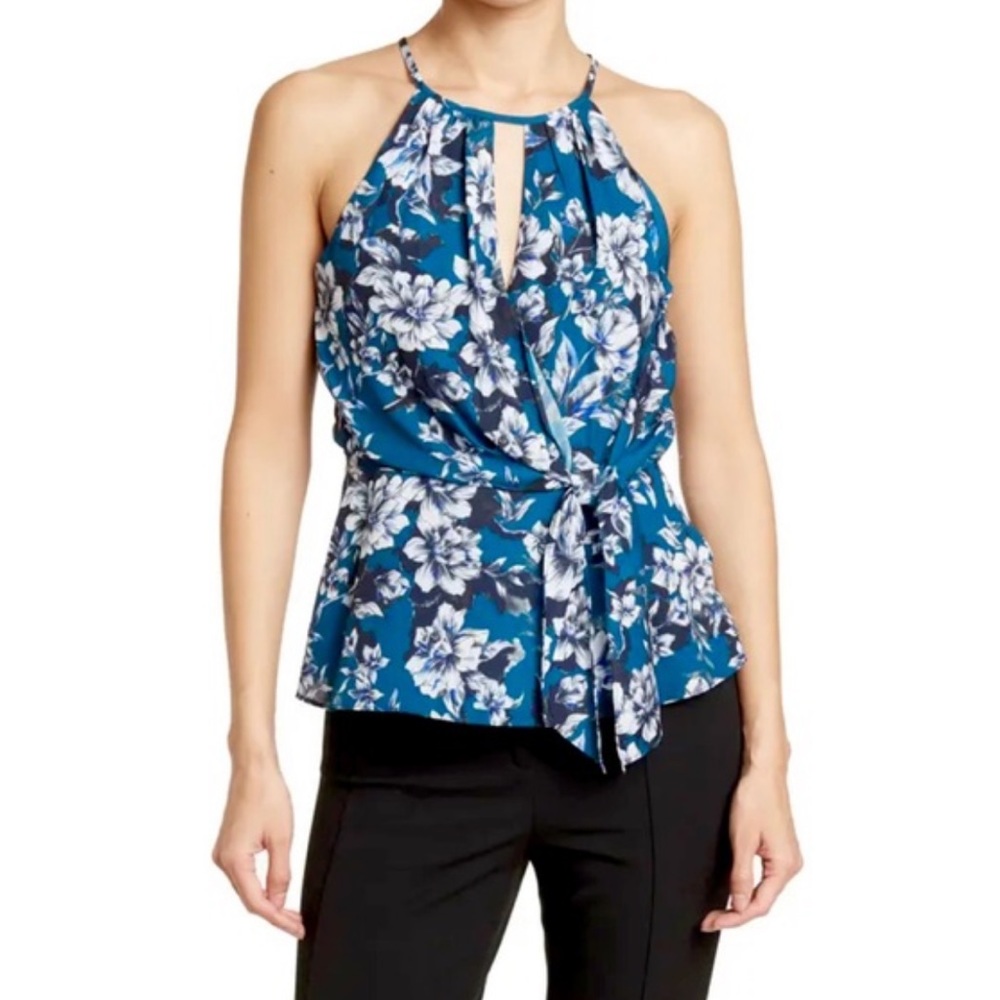 PARKER Drape Front Keyhole Top Blouse Floral Blue Everglade Gardens NWT Size XS